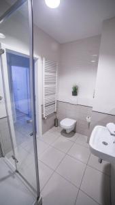 een badkamer met een douche, een toilet en een wastafel bij MSapartamenty Centrum in Poznań +31 foto's