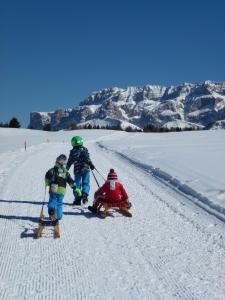 um grupo de três crianças brincando na neve em Cedepuent de Sot em Selva di Val Gardena