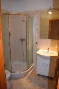 a bathroom with a shower and a toilet and a sink at Natural Panzió in Győr +29 photos