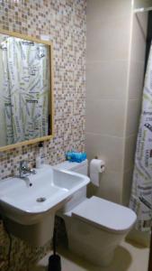 バレンシアにあるLa Patacona Apartmentのバスルーム(洗面台、トイレ、鏡付)