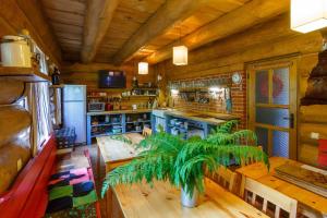 a kitchen with wooden floors and a table with a plant at Srub Midla a chata Bondovka in Čenkovice