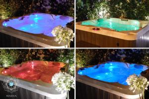 cztery różne zdjęcia jacuzzi z oświetleniem w obiekcie Trulli MADIA Luxury Alberobello w Alberobello