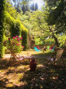 einen Garten mit Stühlen, einem Tisch und einer Vase in der Unterkunft La Coconnière de Valleraugue in Valleraugue