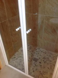 a shower with a glass door in a bathroom at Bed and Breakfast la Stube in Ziano di Fiemme