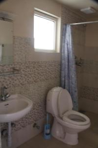 Nāmche Bāzārにあるパノラマ ロッジ & レストランのバスルーム(トイレ、洗面台付)、窓が備わります。