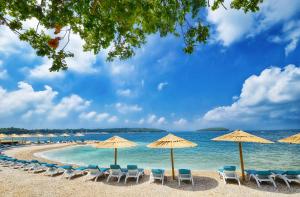 plaża z leżakami i parasolami oraz ocean w obiekcie Stone house Chiara Seaview w mieście Funtana