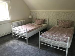 a bedroom with two beds and a window at Exklusive Ferienwohnungen im Gutshaus Viezen in Bernitt