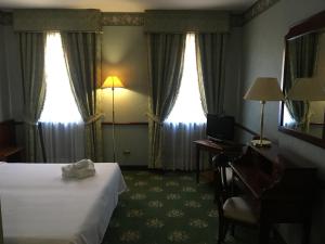 a hotel room with a bed and two windows at Hotel De La Ville in Saint Vincent