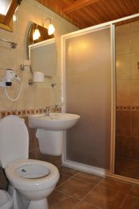 Un baño con inodoro, lavabo y ducha. en Ozge Bungalow Hotel, en Cıralı
