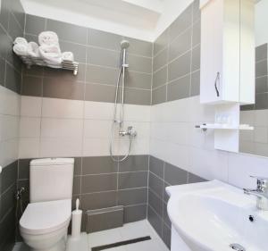 y baño con ducha, aseo y lavamanos. en Hotel Orestiada, en Berat