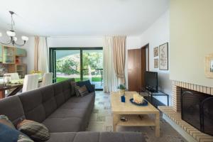 a living room with a couch and a fireplace at Kriopigi Pines by the Sea by Luxlikehome in Kriopigi