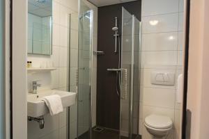 een badkamer met een douche, een wastafel en een toilet bij Hotel & Restaurant Wildthout in Ommen