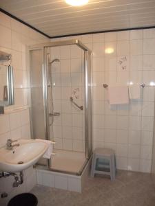 a bathroom with a shower and a sink at Gasthof Alte Post in Obertrubach