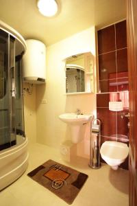a bathroom with a sink and a toilet and a mirror at Atgiris in Palanga +55 photos