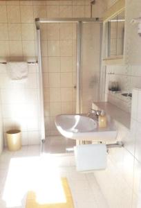 y baño con lavabo y ducha. en Alpenpension Auengrund, en Ramsau