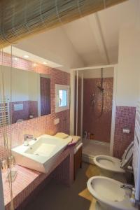 uma casa de banho com um lavatório, um WC e um chuveiro em ARGENTARIO Laura's POOL VILLA em Porto Ercole