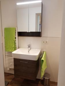 a bathroom with a sink and a mirror at Lindes Ferienwohnung in Dinkelsbühl