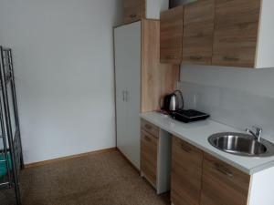 a kitchen with a sink and wooden cabinets at pokój blisko morza in Kołobrzeg