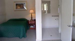 een slaapkamer met een groen bed en een badkamer bij Mount Whittier Motel in Center Ossipee