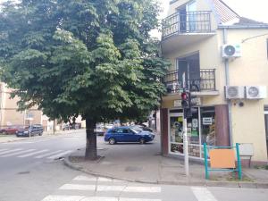 ein blaues Auto, das vor einem Gebäude mit einem Baum parkt in der Unterkunft Veliki Park in Šabac