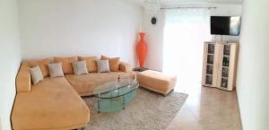 Apartments Barbic في أوماغ: غرفة معيشة مع أريكة وطاولة زجاجية