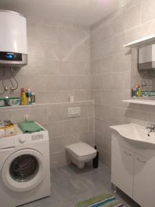 a bathroom with a washing machine and a sink at Orange Dream vacation house in Brijesta