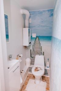 a bathroom with a toilet and a pier at Like a home Linda Apartment in Narva