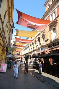 a group of people walking down a street with buildings at Green Bear in Sarajevo