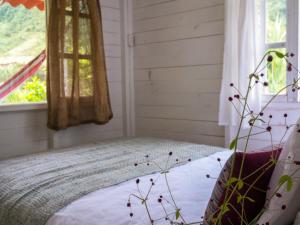 a bedroom with a bed and a window at Pacheco Farmhouse - Intag Valley in Peñaherrera