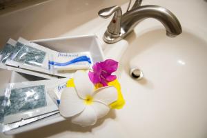 a sink with a toothpaste and a flower on it at Connie's Comfort Suites in Saint Johnʼs