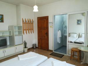 a bathroom with a shower and a television in it at Family Hotel George in Svilengrad
