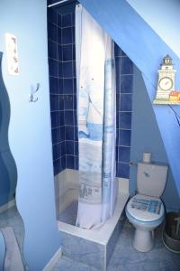 サンタンヌ・ドーレーにあるLes p'tits cheminsの青いバスルーム(トイレ、シャワー付)