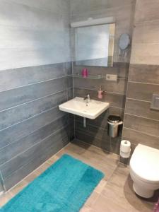 een badkamer met een wastafel en een toilet bij Pension Gasthaus Zur Forelle in Seeburg