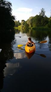 een persoon in een gele kajak op een rivier bij Eden Billnäs in Billnäs