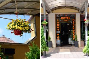 two pictures of a hotel with flowers in the doorway at Family Art-Hotel Zora in Vratsa