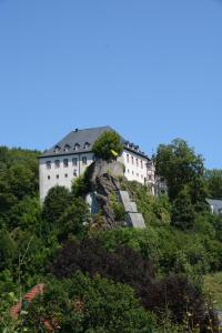 un château au sommet d'une colline plantée d'arbres dans l'établissement Ferienwohnung Burgblick Bilstein, à Bilstein