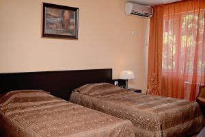 Vratsa的住宿－佐拉家庭藝術酒店，酒店客房设有两张床和窗户。