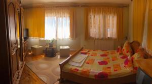 a bedroom with a large bed with a colorful blanket at Pensiunea La Răducu in Vişeu de Sus