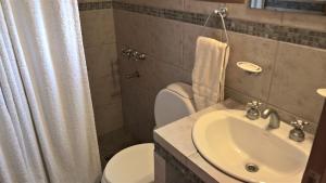 a bathroom with a sink and a toilet and a shower at Blue Bird House in San Carlos de Bariloche +54 photos