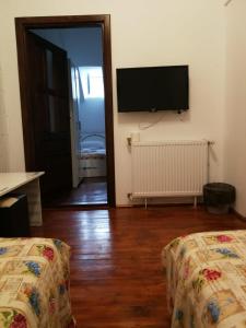 a living room with a flat screen tv on the wall at Pensiunea Geostar 2 in Curtea de Argeş