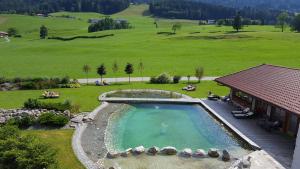 an overhead view of a swimming pool with a house at Zeller Hof in Ruhpolding