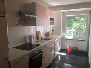 a kitchen with a sink and a stove and a window at City Apartment in Baden-Baden