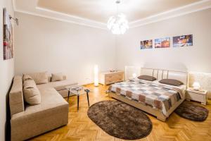 リヴィウにあるOnLviv Apartments Teatralna 23のリビングルーム(ベッド1台、ソファ付)