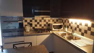 eine Küche mit einer Spüle und einer Mikrowelle in der Unterkunft Apartment Regina Uno in Como