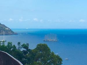 a large boat in the water with a ship at Hotel Villa Delle Palme in Positano in Positano