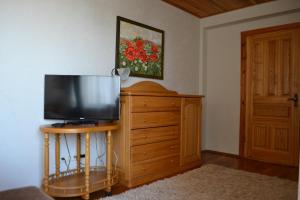 a flat screen tv sitting on top of a wooden dresser at Pas Virginiją in Nida