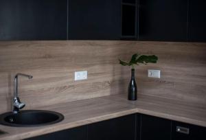 a counter top with a vase with a plant in it at Smartflat & New apartment city center in Kaunas +148 photos