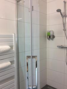 a shower with a glass door in a bathroom at Haarlem 49 in Haarlem