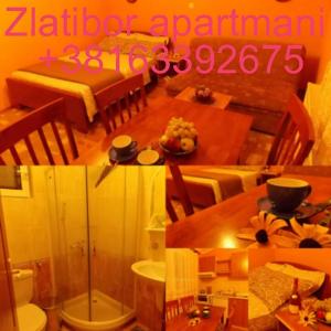 a collage of a kitchen and a dining room with a table at Apartments Vukomanović in Zlatibor