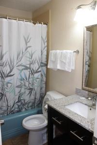 a bathroom with a shower curtain and a toilet and a sink at Fairview Inn Wilmington in Wilmington